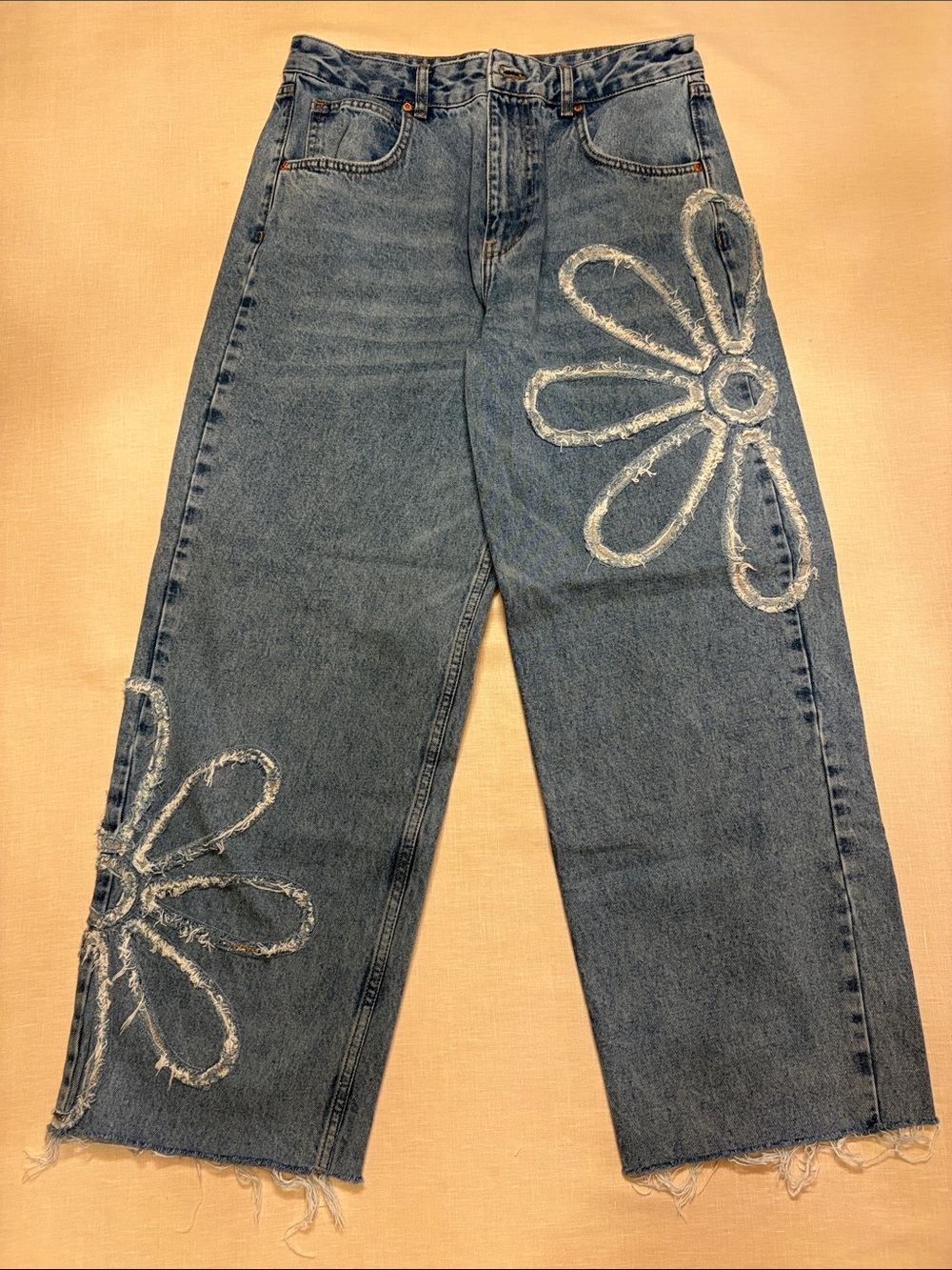BDG Denim Wide-Leg Jeans with Distressed Daisy Appliqués - Blue